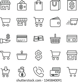thin line vector icon set - grocery basket vector, bank card, cart, put in, crossed, bag with handles, cards, kiosk, shopping, reverse side of a, denomination the dollar, financial item, get wage