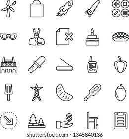 thin line vector icon set - paper bag vector, electronic thermometer e, toy mobile phone, a chair for feeding, hand saw, delete page, math actions, right bottom arrow, birthday cake, apple pie