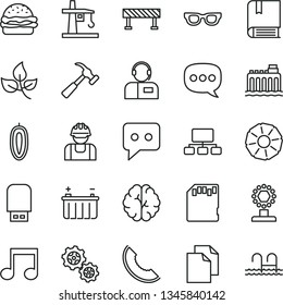 thin line vector icon set - clean paper vector, e, road fence, hammer with claw, operator, burger, slice of melon, sweet date fruit, pineapple, leaves, battery, hydroelectricity, gears, builder, cup