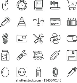 thin line vector icon set - clock face vector, bank card, feeding bottle, stacking toy, baby train, small tools, saving light bulb, pass, crossed cart, package, sweet date fruit, lime, cucumber