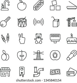 thin line vector icon set - safety pin vector, packing of juice with a straw, teddy bear, cubes for children, drum, tower crane, key, kitchen faucet, boiler, fried vegetables on sticks, Hot Dog