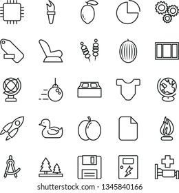 thin line vector icon set - remove label vector, pie chart, Child T shirt, car seat, rubber duck, big core, window frame, building block, dangers, globe, fried vegetables on sticks, apple, melon