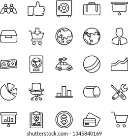 thin line vector icon set - bath ball vector, small tools, employee, thumb up, drawer, strongbox, put in cart, planet, electric car, pipe, chart, statistical overview, dollar, pie charts, chair