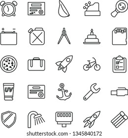 thin line vector icon set - alarm clock vector, birthday cake, shower, anchor, survey, pizza, garlic, accumulator, canister, repair key, magnifying glass, cashbox, lan connector, sd card, rocket