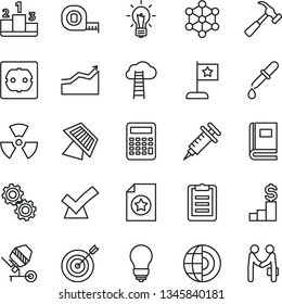 thin line vector icon set - concrete mixer vector, measuring tape, bulb, power socket type f, hammer with claw, pedestal, nuclear, gears, book, pipette, clipboard, calculator, earth core, sun panel