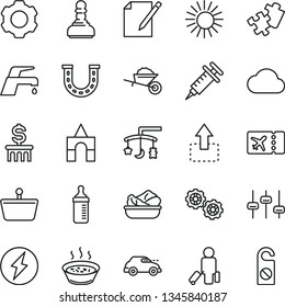 thin line vector icon set - toys over the cradle vector, measuring bottle for feeding, box of bricks, Puzzle, gears, garden trolley, faucet mixer, notes, move up, porridge in a saucepan, retro car