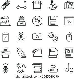 thin line vector icon set - camera vector, bag of a paramedic, Kick scooter, knife, heating coil, anchor, charging battery, gas station, factory, bulb, production conveyor, builder, cloth industry