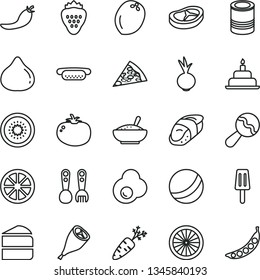 thin line vector icon set - beanbag vector, bath ball, plastic fork spoons, birthday cake, tin, piece of pizza, mini hot dog, a bowl rice porridge, grill chicken leg, bacon, tomato, beet, sushi, fig