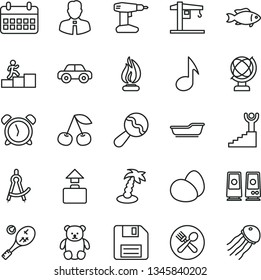 thin line vector icon set - floppy disk vector, alarm clock, beanbag, bath, motor vehicle, small teddy bear, crane, drill, employee, globe, eggs, fish, cherry, calendar, pc speaker, note, flame