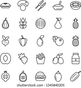 thin line vector icon set - burger vector, pie, a bowl of buckwheat porridge, barbecue, French fries, jar jam, blueberries, pineapple, pear, mint, grape, half medlar, tasty cornels, water melon