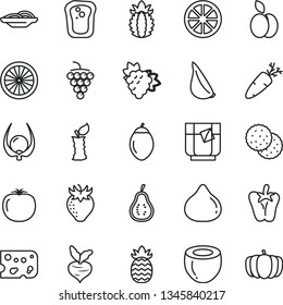 thin line vector icon set - piece of cheese vector, slices onion, peper, garlic, carrot, a glass tea, apple, biscuit, sandwich, branch grape, large, strawberry, fig, juicy lemon, tamarillo, coconut
