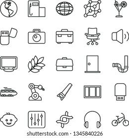thin line vector icon set - children's hairdo vector, window frame, hand saw, suitcase, siphon, ntrance door, camera, headphones, regulator, volume, cocktail, modern gas station, planet Earth, globe