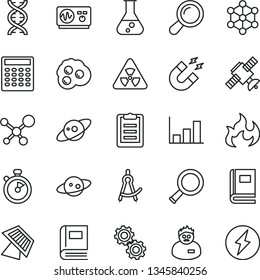 thin line vector icon set - omelette vector, flask, molecule, nuclear, zoom, dna, gears, satellite, book, oscilloscope, magnet, flame, scientist, clipboard, calculator, drawing compass, growth graph
