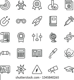thin line vector icon set - book vector, research article, scientific publication, telescope, electricity, atom, glasses, dna, settings, biohazard, pipette, globe, oscilloscope, magnet, calculator