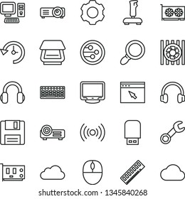 thin line vector icon set - computer vector, radiator fan, mouse, keyboard, memory, pc card, gpu, monitor, scanner, usb flash, headphones, network, browser, floppy, wireless, projector, magnifier