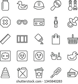 thin line vector icon set - mark of injury vector, yardstick, grocery basket, dummy, baby powder, beanbag, electronic thermometer e, rubber duck, duckling, stacking rings, toy sand set, window frame