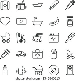 thin line vector icon set - heart symbol vector, mark of injury, first aid kit, toys over the cradle, mug for feeding, measuring cup, bottle, powder, baby stroller, carriage, summer, mercury, bath