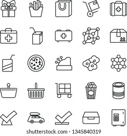 thin line vector icon set - cargo trolley vector, grocery basket, first aid kit, bag of a paramedic, medical, e, packing juice with straw, drawer, handles, cardboard box, shipment, tin, pizza, cup