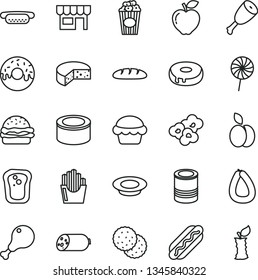 thin line vector icon set - kiosk vector, sausage, stick of, cheese, loaf, canned goods, tin, Hot Dog, mini, burger, cake, with a hole, glazed, plate milk, chicken leg, thigh, lollipop, popcorn, cup