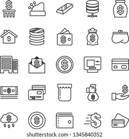 thin line vector icon set - purse vector, dollar, buildings, big data server, cards, jam, reverse side of a bank card, column coins, get wage, money, cash, cashbox, gold bar, bag hand, rain, coin