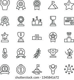 thin line vector icon set - star vector, pedestal, medal, winner, laurel branch, podium, prize, award, cup, gold, reward, motivation, mountain flag, first place, with pennant, ribbon, certificate