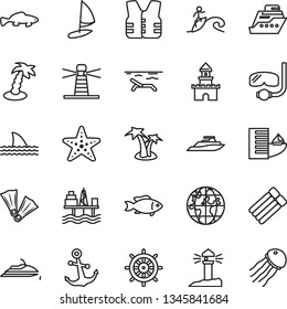 thin line vector icon set - anchor vector, small fish, commercial seaport, lighthouse, coastal, planet, sand castle, hotel, beach, palm tree, starfish, flippers, diving mask, surfing, handwheel