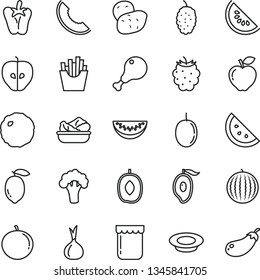 thin line vector icon set - lettuce in a plate vector, of milk, chicken leg, cabbage, peper, French fries, jam, orange slice, red apple, tasty, blackberry, mulberry, water melon, half mango, lemon