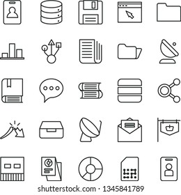 thin line vector icon set - vector e, books, received letter, speech, big data, drawer, satellite dish, antenna, SIM, vintage sign, connections, chart, a crisis, ring diagram, statistical research