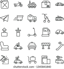 thin line vector icon set - paper airplane vector, Baby chair, sitting stroller, child Kick scooter, traffic signal, car, delivery, cardboard box, coal mining, gas station, modern, canister, eco