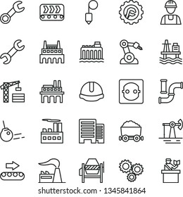 thin line vector icon set - tower crane vector, builder, concrete mixer, buildings, construction helmet, plummet, star gear, core, sea port, working oil derrick, water pipes, factory, power socket