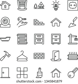 thin line vector icon set - bedside table vector, cradle, bath, house, brickwork, brick wall, building trowel, wooden paint brush, power socket type f, ntrance door, tile, heating coil, home, hanger