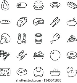 thin line vector icon set - baby bib vector, plastic fork spoons, sausage, stick of, piece cheese, loaf, tin, pizza, big burger, porcini, cake with a hole, bowl rice porridge, hot, lettuce in plate