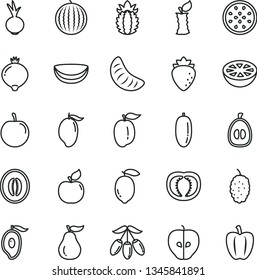 thin line vector icon set - beet vector, apricot, tasty apple, raspberry, medlar, mulberry, water melon, mango, half of, goji berry, date fruit, slice tangerine, loquat, ripe plum, lemon, passion