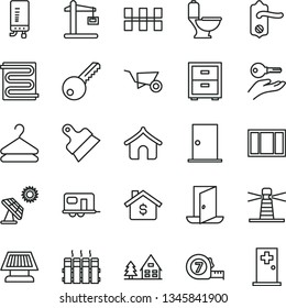 thin line vector icon set - bedside table vector, building trolley, window frame, long meashuring tape, toilet, key, door knob, ntrance, ceramic tiles, putty knife, heating coil, radiator, hanger