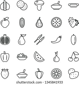 thin line vector icon set - mini hot dog vector, mushroom, a bowl of buckwheat porridge, rice, plate fruit, barbecue, orange slice, biscuit, cherry, half pomegranate, branch grape, red apple, date