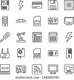 thin line vector icon set - lightning vector, floppy disk, monitor window, bank card, calculator, rss feed, electronic thermometer e, screen, processor, assembly robot, SIM, engineer, tower, usb