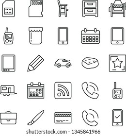 thin line vector icon set - tassel vector, calendar, bank card, rss feed, toy phone, mobile, a chair for feeding child, concrete mixer, smartphone, nightstand, call, piece of meat, jam, retro car