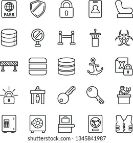 thin line vector icon set - prohibition vector, Baby chair, key, road fence, lock, anchor, passport, big data, strongbox, encrypting, biohazard, airport tower, rope barrier, identity card, safe