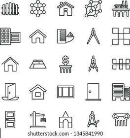 thin line vector icon set - house vector, box of bricks, dwelling, window frame, ntrance door, interroom, buildings, city block, tile, ceramic tiles, hedge, paving slab, home, industrial enterprise