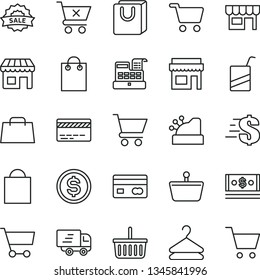 thin line vector icon set - paper bag vector, grocery basket, bank card, dollar, e, cart, crossed, with handles, kiosk, hanger, shopping, reverse side of a, cash, hand, Express delivery, machine