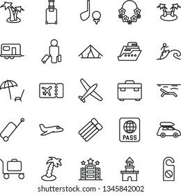 thin line vector icon set - suitcase vector, passport, sand castle, plane, car baggage, camper, passenger, rolling, ticket, case, tent, beach, arnchair under umbrella, palm tree, hawaii wreath, golf