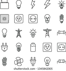 thin line vector icon set - lightning vector, matte light bulb, saving, power socket type b, f, fan screw, charge level, accumulator, line, pole, plug, electric, energy, processor, resistor