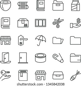 thin line vector icon set - folder vector, book, open pin, books, window frame, door knob, ntrance, umbrella, drawer, cardboard box, package, canned goods, half of coconut, kiosk, stall, get a wage