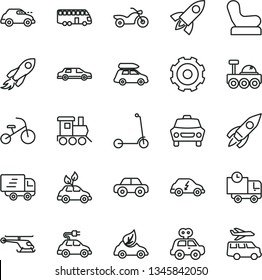 thin line vector icon set - truck lorry vector, Baby chair, motor vehicle, present, toy train, tricycle, child Kick scooter, car, delivery, eco, environmentally friendly transport, electric, retro