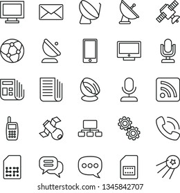 thin line vector icon set - desktop microphone vector, monitor window, rss feed, screen, smartphone, satellite dish, antenna, SIM card, scheme, morning paper, newspaper, phone call, mobile, speech