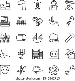 thin line vector icon set - winch hook vector, adjustable wrench, power socket type f, buildings, helmet, gear, hammer, core, commercial seaport, coal mining, wind energy, manufacture, line, builder