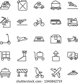thin line vector icon set - cargo trolley vector, summer stroller, child Kick scooter, traffic signal, car, cardboard box, coal mining, canister, autopilot, with, Express delivery, winner stairway