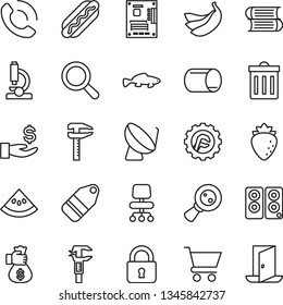 thin line vector icon set - bin vector, magnifier, books, star gear, lock, cart, phone call, label, Hot Dog, small fish, raspberry, bananas, slice of water melon, pipe, satellite dish, calipers