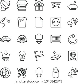 thin line vector icon set - clockwise vector, baby cot, powder, motor vehicle, yule, bulb, microphone, passport, flag, put in cart, Easter cake, a bowl of buckwheat porridge, power socket, gift