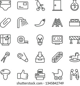 thin line vector icon set - diaper vector, baby stroller, summer, open pin, small rocking horse, adjustable wrench, measuring tape, ladder, shower, ntrance door, building block, traffic signal, bulb